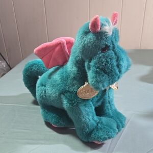 Vintage 1990 Gund Magical Plush Snap Dragon Toy - Teal and Pink Stuffed Animal